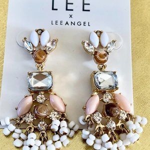 Lee Lee Angel Nordstrom Watercolor Pink White Cabochon bead Fan earrings NWT 89